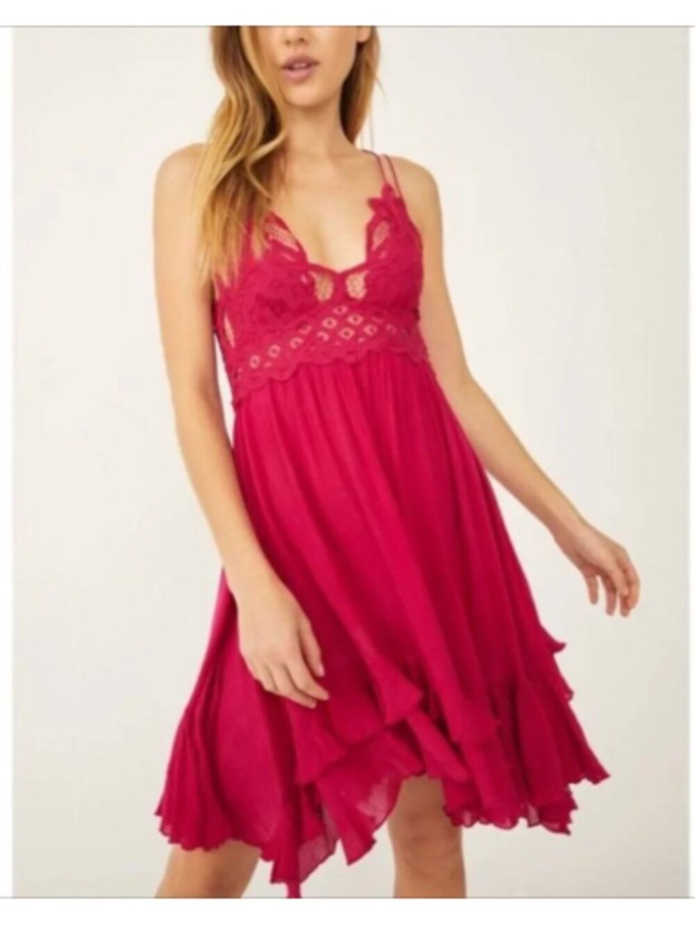 FREE PEOPLE SIZE MEDIUM Adella Lace Ruffle Slip Dress Pink